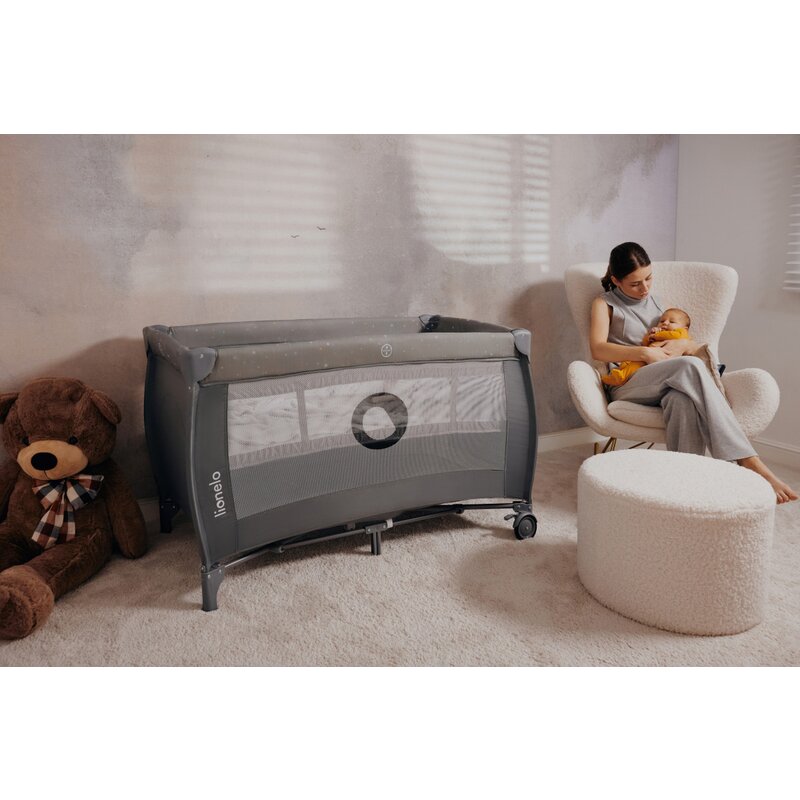 Patut pliant, Lionelo, Stefi Plus, Cu doua nivele, Cu intrare laterala cu fermoar, 2 roti, 120 x 60 cm, Conform cu standardul european de securitate EN 716, Roz/Galben