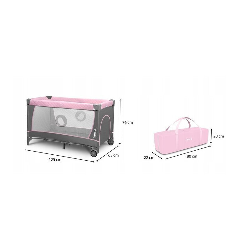 Patut pliant, Lionelo, Flower, Cu doua nivele, Cu arcada, Geanta transport, Masuta de infasat, Bara cu jucarii, Fereastra laterala, 120x60 cm, Conform cu standardele europeane de securitate EN 716 si EN12221, Roz