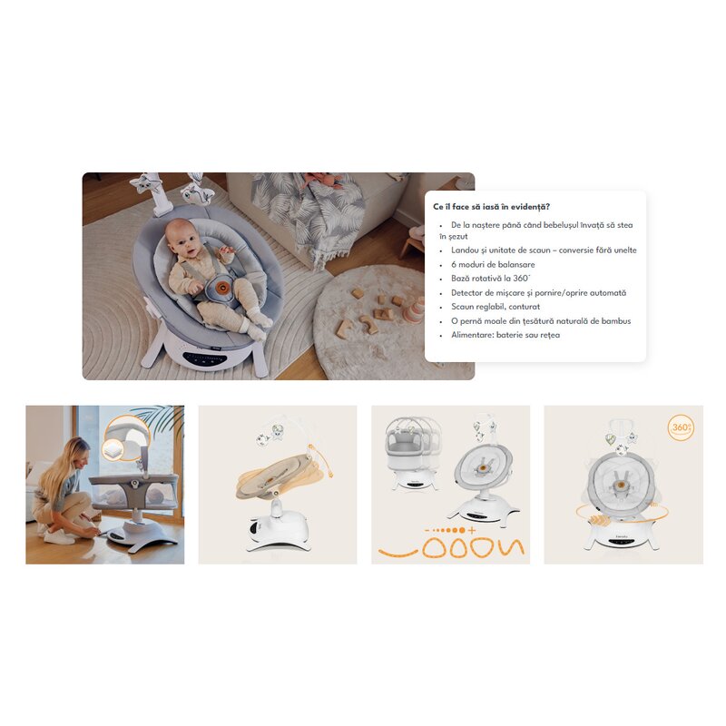 Set 2 in 1, Balansoar si landou, Lionelo, Bella, Rotative 360, Ecran tactil si telecomanda, Electric, Scaun reglabil, 6 miscari unice, 5 viteze, Cu melodii, Gri