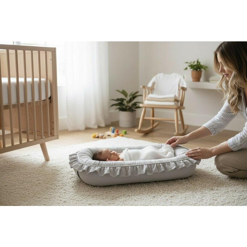 Cosulet bebelus, MimiNu, Pentru dormit, Baby Nest 55 x 75 cm, Cu Volanase, Husa 100% bumbac, Din bumbac certificat Oeko Tex Standard 100, Colectia Royal, Grey