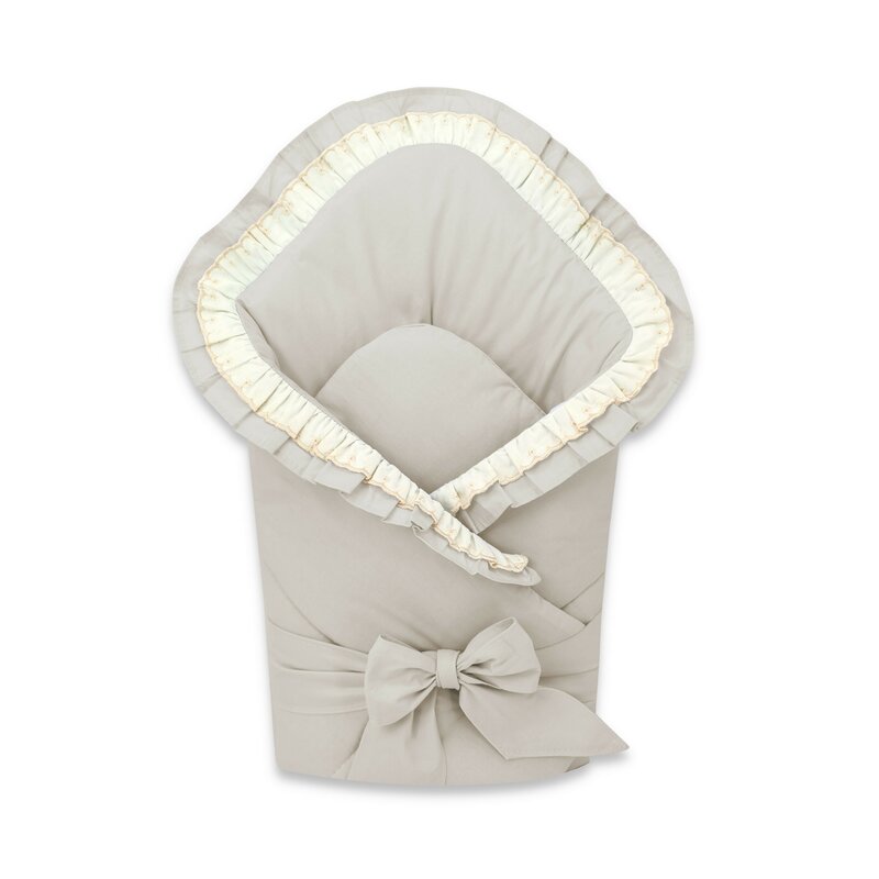 Paturica de infasat, MimiNu, Cu volanase si dantela, Cu multiple utilizari, Cu inchidere cu panglica, Dimensiune 75x75 cm, Din bumbac certificat Oeko Tex Standard 100, Beige