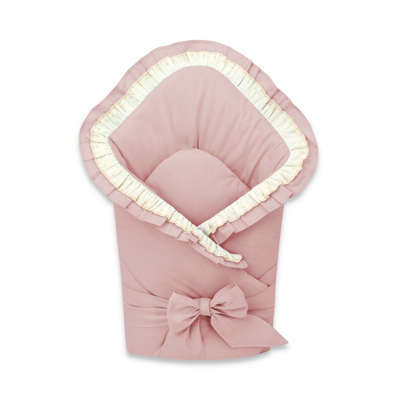Paturica de infasat, MimiNu, Cu volanase si dantela, Cu multiple utilizari, Cu inchidere cu panglica, Dimensiune 75x75 cm, Din bumbac certificat Oeko Tex Standard 100, Powder Pink