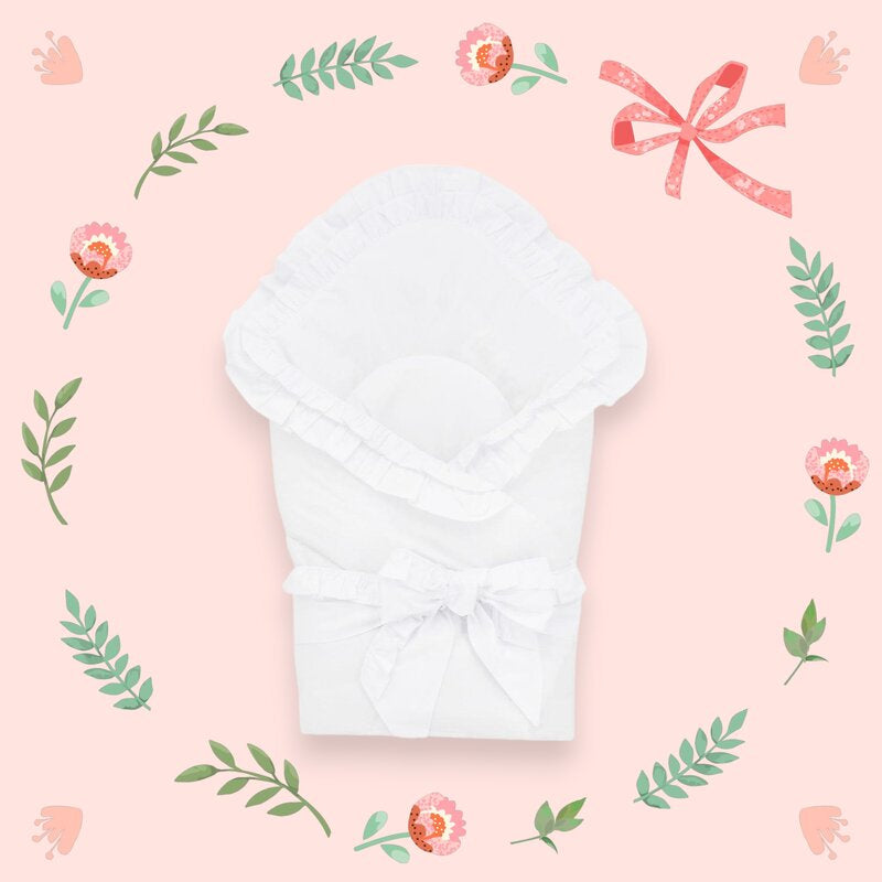 Paturica de infasat, MimiNu, Multifunctionala pentru botez, Cu volanase, Cu inchidere cu panglica si arici velcro, Dimensiune 75x75 cm, Din bumbac certificat Oeko Tex Standard 100, White