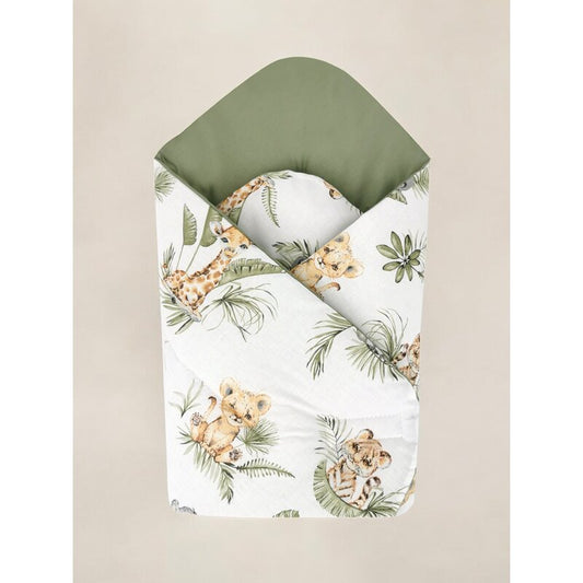 Paturica de infasat, Qmini, Cu doua fete, Cu multiple utilizari, Cu inchidere arici velcro, Dimensiune 75x75 cm, Din bumbac certificat Oeko Tex Standard 100, Safari
