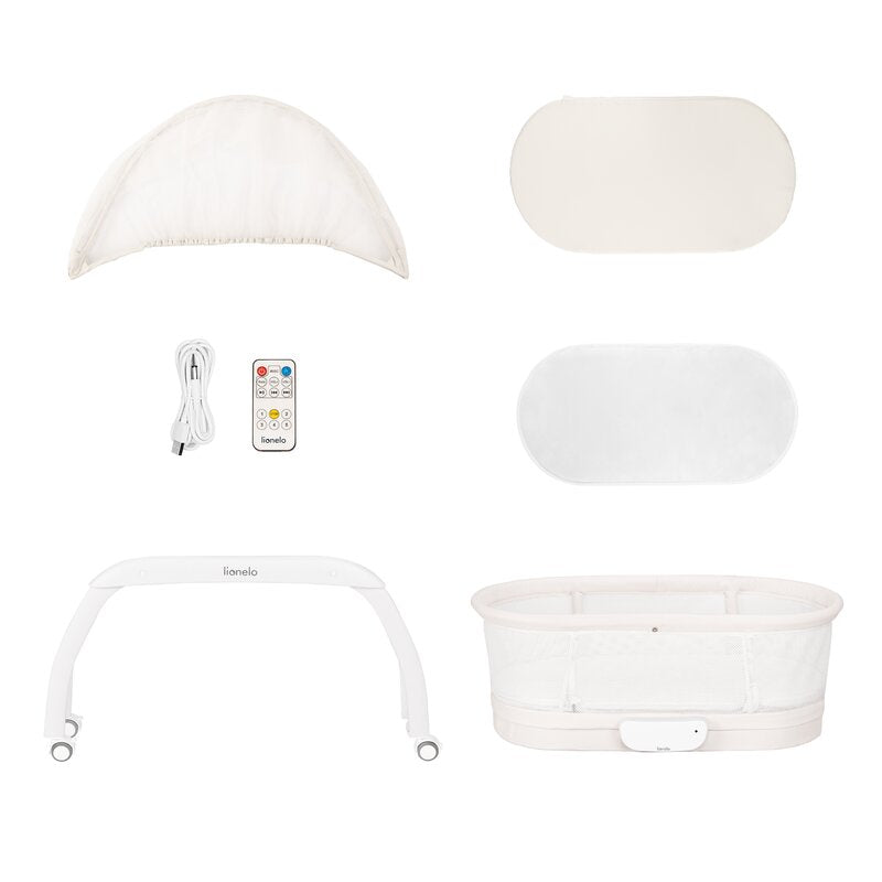 Patut balansoar, Lionelo, Coral, Cu landou ergonomic detasabil, Functie de balansare integrata, Functie de cantar, Sunete si cantece de leagan, Cu roti, Panou tactil sau telecomanda, 0-9 kg, EN 1130:2019+AC:2020,EN 16890:2017+A1:2021, Alb