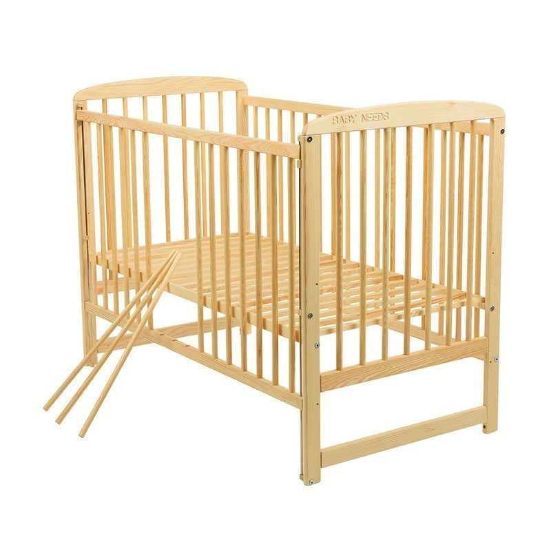 Patut din lemn bebe, 120x60 cm, Cu laterala culisanta, Din lemn de pin, Stabil si rezistent, Inaltime saltea reglabila pe 3 nivele, Laterala cu 3 bete detasabile, EN716-1, EN716-2, Natur, Babyneeds, Ola + Saltea 8 cm