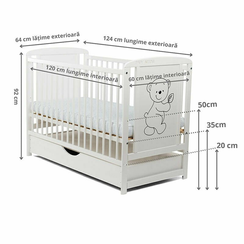 Patut din lemn bebe, 120x60 cm, Cu sertar cu capac, Din lemn de pin si mdf, Stabil si rezistent, Inaltime saltea reglabila pe 3 nivele, Laterala cu 3 bete detasabile, EN716-1, EN716-2, Alb, Babyneeds, Timmi + Saltea 10 cm