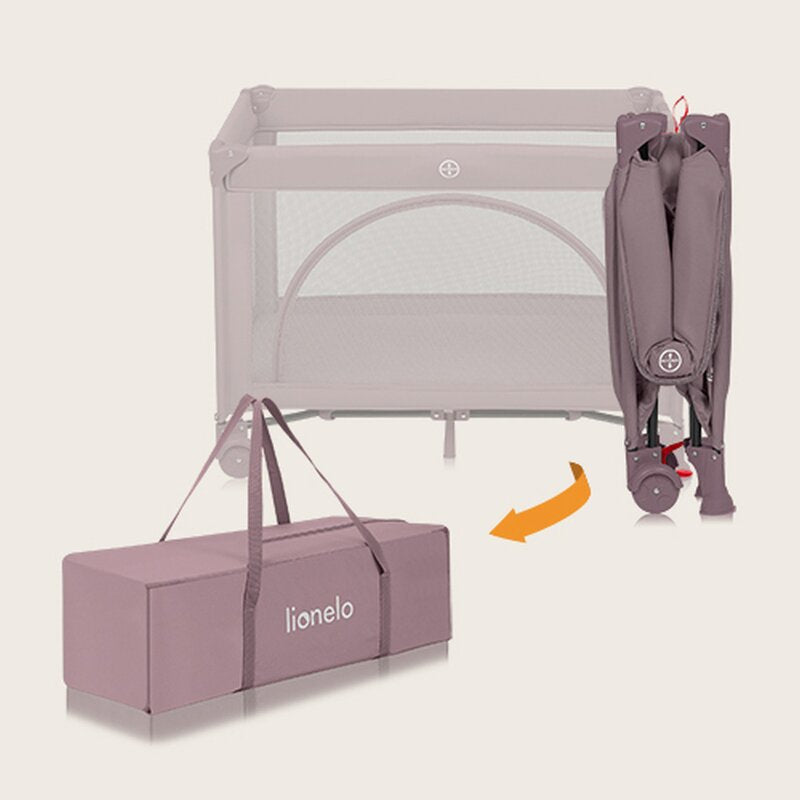 Patut pliant, Lionelo, Laura, 102 x 74 cm, Cu doua nivele, Functie de tarc, Cu roti, Include salteluta si geanta de transport, Pereti din plasa, Deschidere laterala, Pana la 15 kg, 0 luni +, Roz
