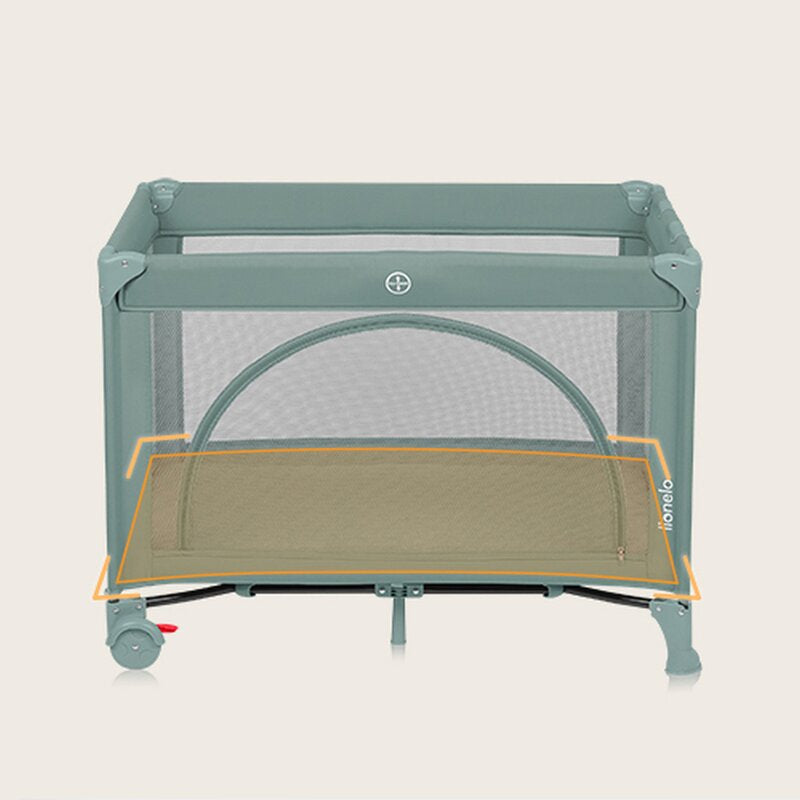 Patut pliant, Lionelo, Laura, 102 x 74 cm, Cu doua nivele, Functie de tarc, Cu roti, Include salteluta si geanta de transport, Pereti din plasa, Deschidere laterala, Pana la 15 kg, 0 luni +, Verde