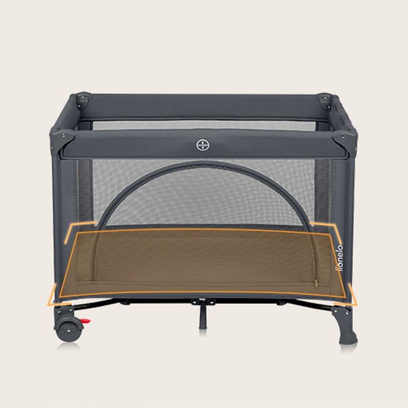 Patut pliant, Lionelo, Laura, 102 x 74 cm, Cu doua nivele, Functie de tarc, Cu roti, Include salteluta si geanta de transport, Pereti din plasa, Deschidere laterala, Pana la 15 kg, 0 luni +, Gri