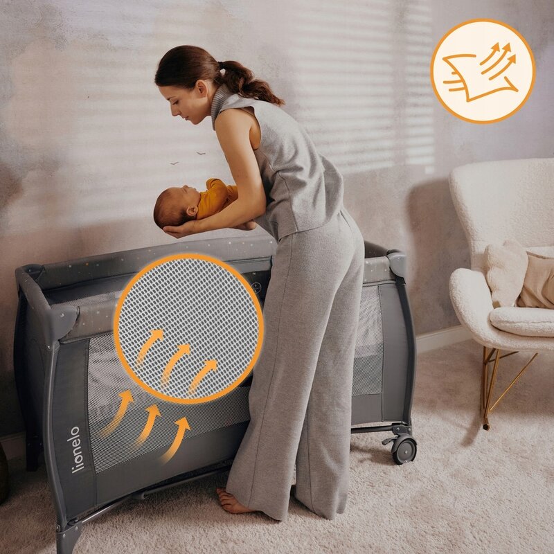 Patut pliant, Lionelo, Stefi Plus, Cu doua nivele, Cu intrare laterala cu fermoar, 2 roti, 120 x 60 cm, Conform cu standardul european de securitate EN 716, Roz