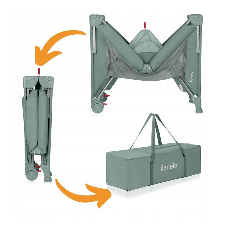 Patut pliant multifunctional, Lionelo, Ellen, Cu laterala culisanta, Nivel suplimentar, Intrare laterala cu fermoar, 2 roti, Saltea pliabila si geanta de transport incluse, 0- 36 luni, Pana la 15 kg, 120x60 cm, Conform cu EN 716, Verde