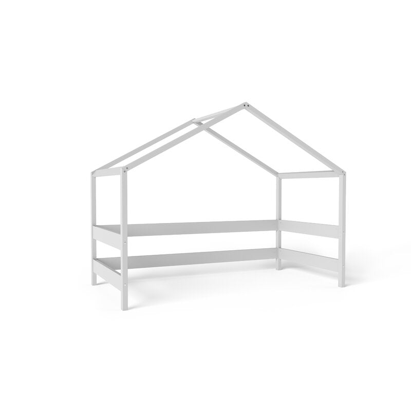 Patut tip casuta din lemn junior, 160x80 cm, Din lemn certificat FSC, Transformabil in casuta de joaca, Cu bariera de protectie, In stil scandinav, Gri, YappyKids, YappyHytte Bed