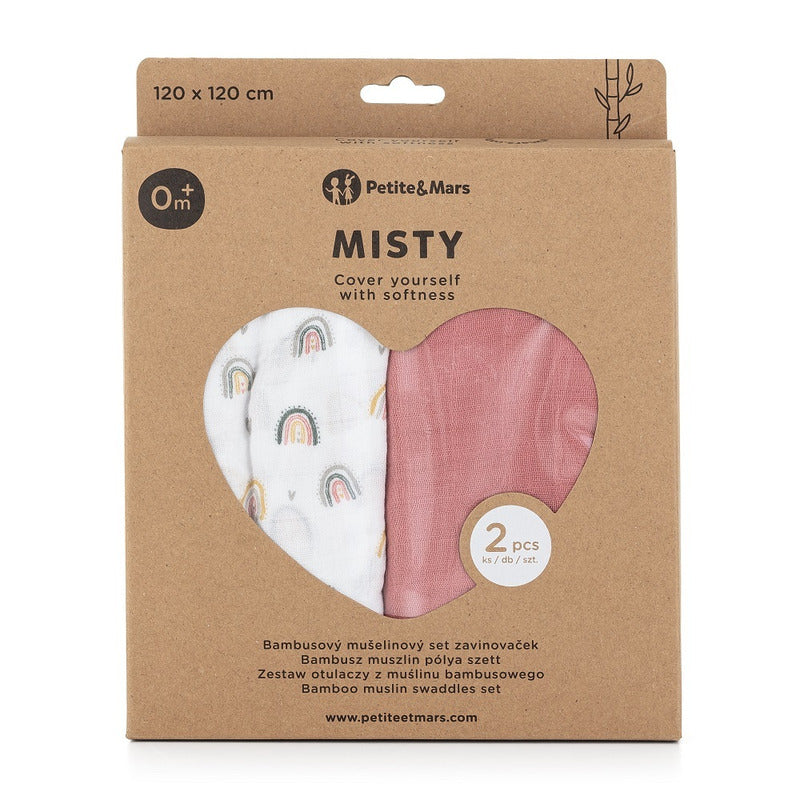 Set 2 scutece, Petite&Mars, Misty Rose Rainbow, Din muselina de bambus, Hipoalergenice, Dimensiuni mari 120 x 120 cm, Certificate Oeko Tex Standard 100, Multicolor