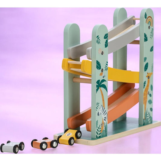Pista de masini, Free2Play, Safari, Din lemn, Cu 3 masinute incluse, 26.9 x 23.6 x 7 cm, Conform cu standardele europene EN71-1;2018, EN71-2:2020, EN71-3:2021