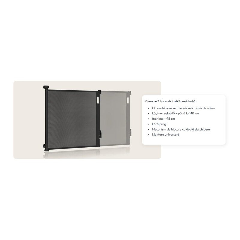 Poarta de siguranta, Lionelo, Thea, Cu suruburi, Textila, Retractabila, Mecanism dublu de blocare, Montaj universal, 95x140 cm, Conform cu standardul european de securitate EN1930, Negru