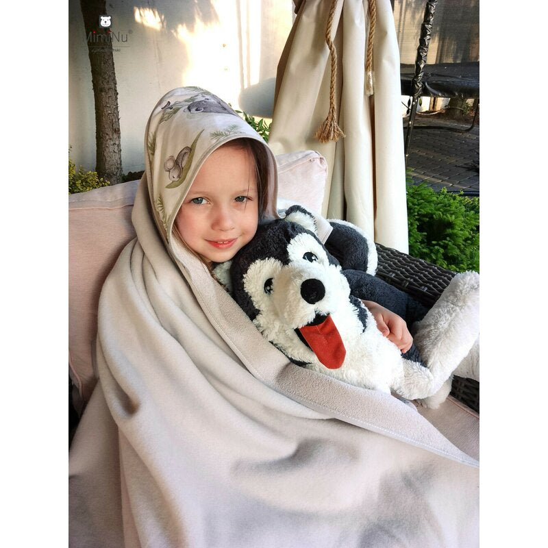 Prosop cu gluga, MimiNu, Mare, Dimensiune 100x100 cm, Din bumbac si thermo fleece, Materiale certificate Oeko Tex Standard 100, Design, Calm Forest Natural