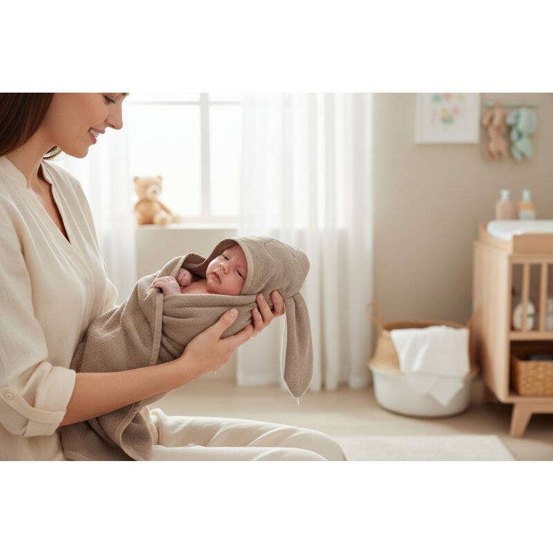 Prosop cu gluga, Qmini, Mare, Cu broderie si urechi, Dimensiune 100x100 cm, Din tricot termo-terry din bambus, Materiale certificate Oeko Tex Standard 100, Eared Bear Mocha