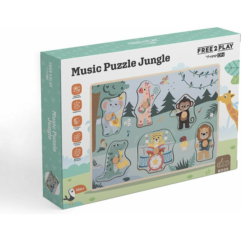 Puzzle muzical din lemn, Free2Play, Cu animalute din jungla, Cu sunete, Cu maner, Stimuleaza simturile, invatarea prin joc si imaginatia, 30x21,5x3,5 cm, Jungle