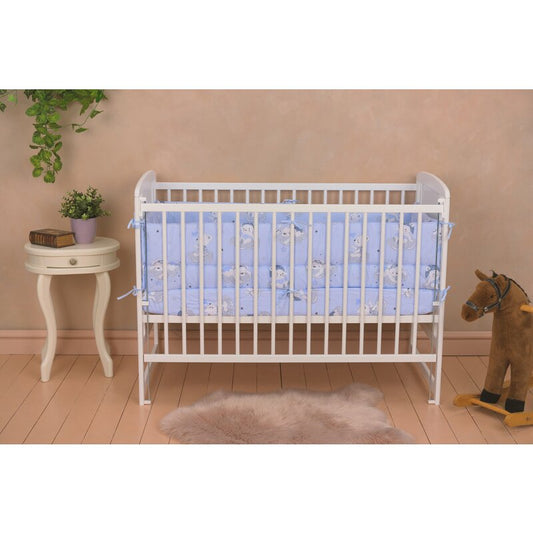 Patut din lemn, 120x60 cm, Cu laterala culisanta, Din lemn de pin si mdf, Stabil si rezistent, Inaltime saltea reglabila pe 3 nivele, Laterala cu 3 bete detasabile, EN716-1, EN716-2, Alb, Qmini, Timmi Heart + Saltea 12 cm