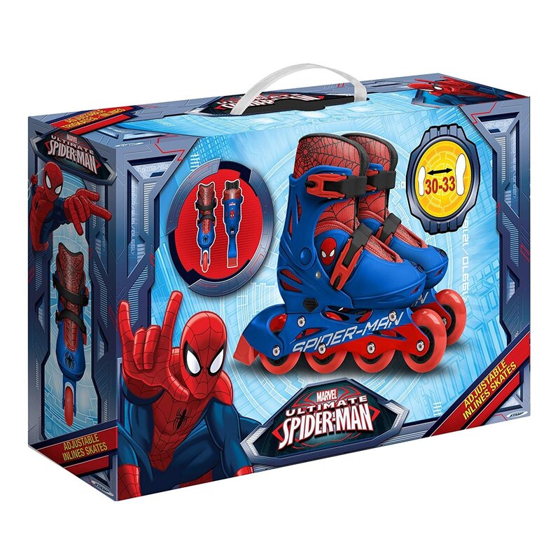 Role, Stamp, Spider Man, Cu 4 roti, Ajustabile, Inchidere prin velcro, Cu frana, Marime 30-33, Albastru