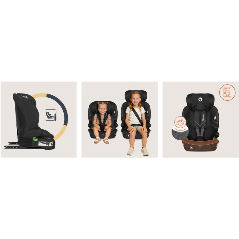 Scaun auto i-Size, Lionelo, Levi Fix, 76 - 150 cm, 1/2/3, ISOFIX + Top Tether, Tetiera reglabila in 10 pozitii, Insertie ergonomica Dri-Seat, Tapiterie lavabila, Testat la impact, Baza lata, Cotiere practice, Conform cu R129, Negru