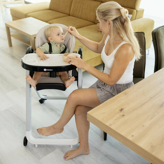 Scaun de masa, Petite&Mars, Tasty, Multifunctional, Pana la 15 kg, Reglabil pe inaltime in 7 pozitii, Spatar reglabil pana la 175 grade, Suport picioare si tavita reglabile, Cu roti, Aluminiu, Jasmine Honey