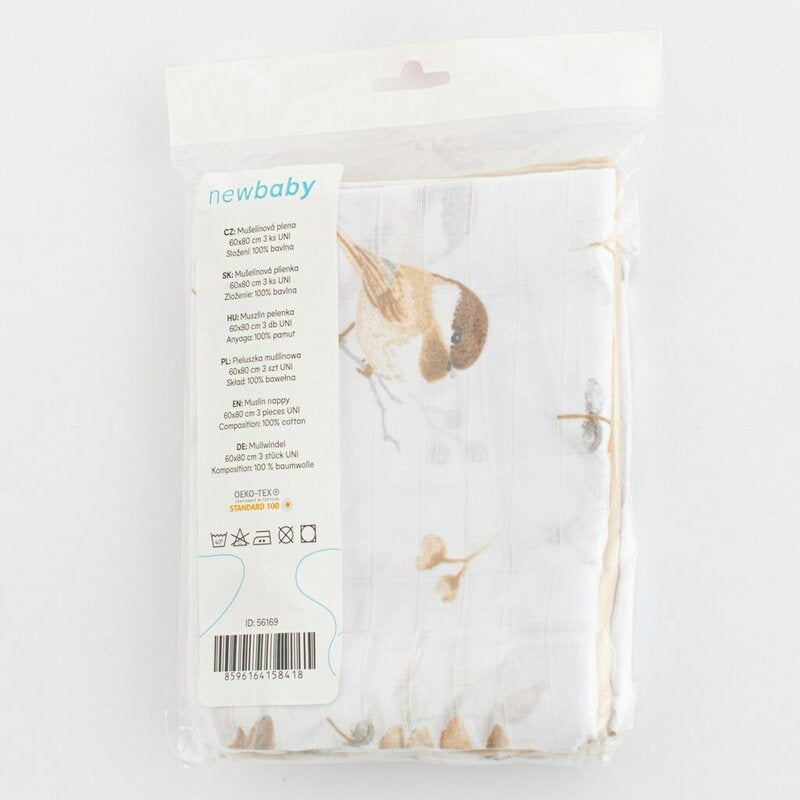 Set 3 scutece, New Baby, Multifunctionale, Din bumbac 100%, Material certificate Oeko Tex Standard 100, 70x80 cm, Multicolor, Uni
