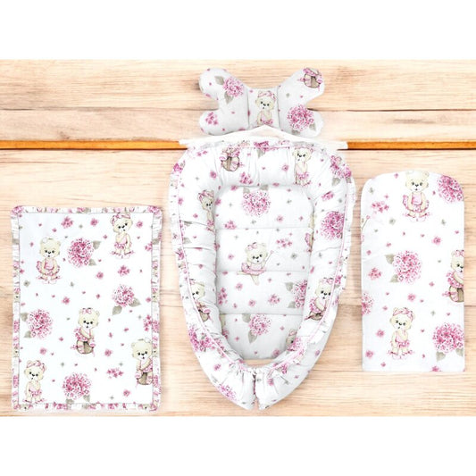 Set 4 in 1 Cosulet bebelus, MimiNu, Baby Cocoon 75x55 cm, Husa bumbac, Din bumbac certificat Oeko Tex Standard 100, Cu paturica 50x70 cm, Cu salteluta, Cu perna fluture, Design, Pink Ballerina