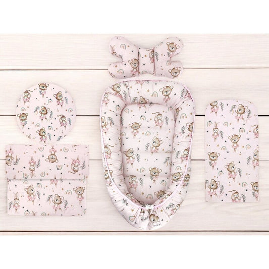 Set 4 in 1 Cosulet bebelus, MimiNu, Baby Cocoon 75x55 cm, Husa bumbac, Din bumbac certificat Oeko Tex Standard 100, Cu paturica 50x70 cm, Cu salteluta, Cu perna fluture, Design, Little Ballerina Pink