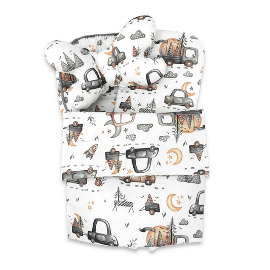 Set 4 în 1 Coșuleț Bebeluș MimiNu Baby Cocoon 75x55 cm Cars Grey | Bumbac Oeko-Tex