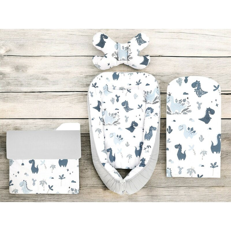 Set 4 in 1 Cosulet bebelus, MimiNu, Baby Cocoon 75x55 cm, Husa bumbac, Din bumbac certificat Oeko Tex Standard 100, Cu paturica 50x70 cm, Cu salteluta, Cu perna fluture, Dino Granat