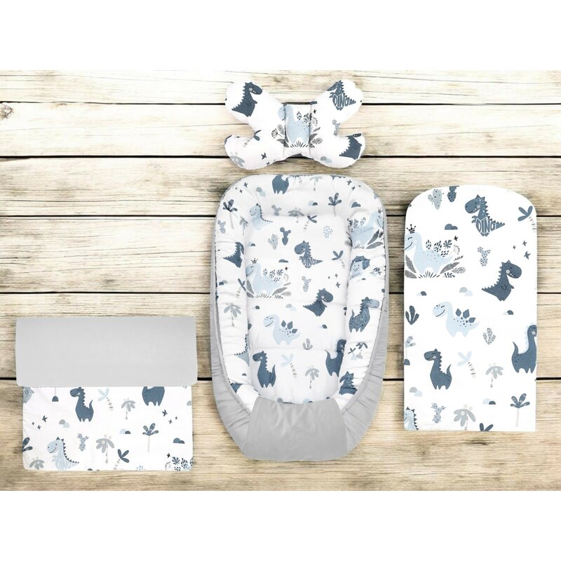 Set 4 in 1 Cosulet bebelus, MimiNu, Baby Cocoon 75x55 cm, Husa bumbac, Din bumbac certificat Oeko Tex Standard 100, Cu paturica 50x70 cm, Cu salteluta, Cu perna fluture, Dino Granat