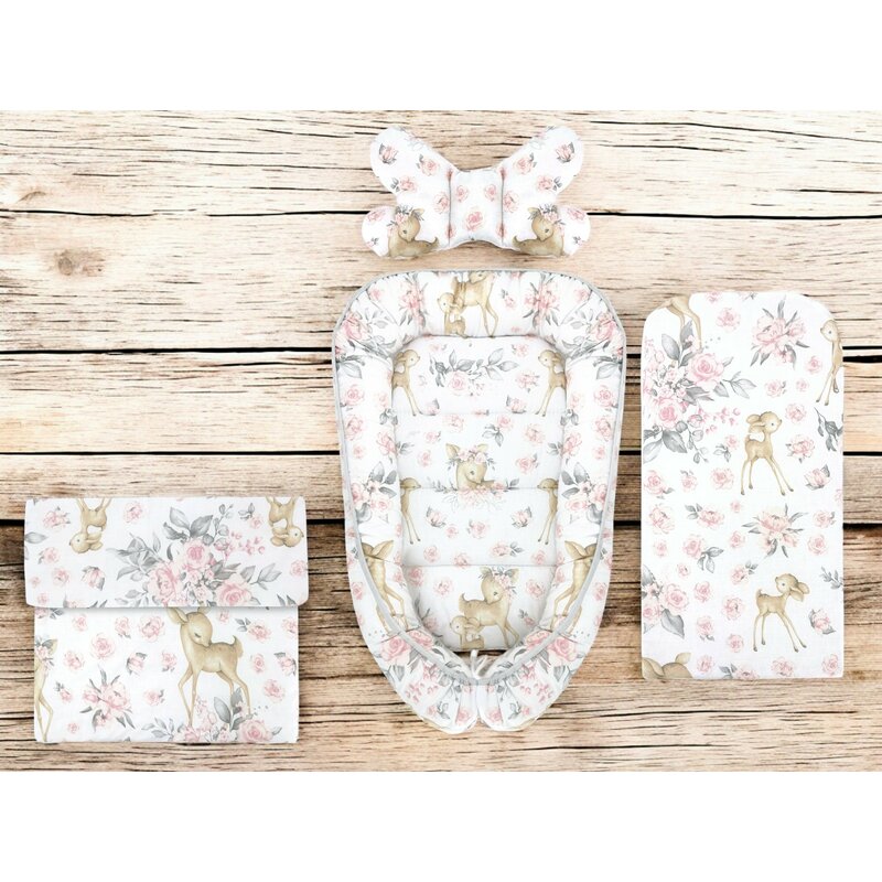 Set 4 in 1 Cosulet bebelus, MimiNu, Baby Cocoon 75x55 cm, Husa bumbac, Din bumbac certificat Oeko Tex Standard 100, Cu paturica 50x70 cm, Cu salteluta, Cu perna fluture, Sweet Deer Pink