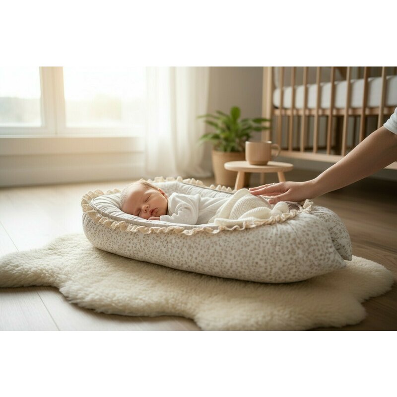 Set 4 in 1 Cosulet bebelus, MimiNu, Premium, Baby Cocoon 75x55 cm, Cu volanase si dantela, Din bumbac certificat Oeko Tex Standard 100, Cu paturica, Salteluta si perna fluture, Meadow