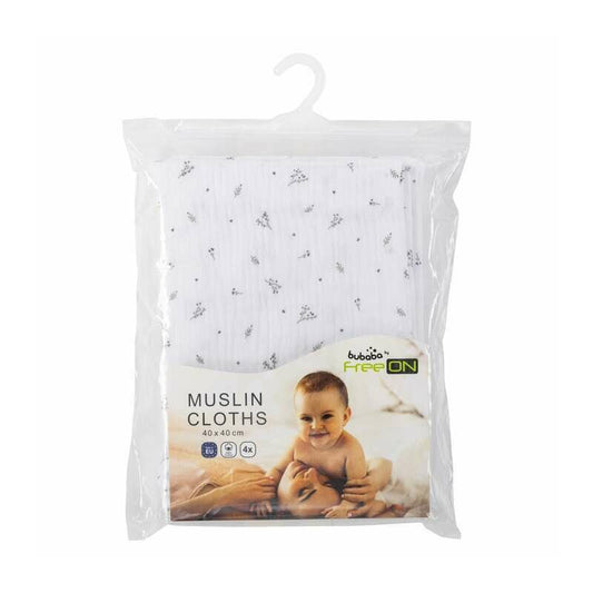 Set 4 lavete, Bubaba, Din muselina, Dimensiune 40x40 cm, Pentru spalarea si ingrijirea fetei si a corpului bebelusului dupa masa sau baita, White
