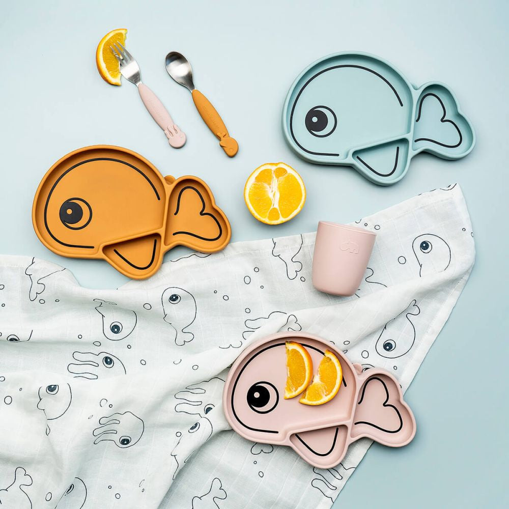 Set furculita si lingura Done by Deer Easy-grip Sea Friends Mustard