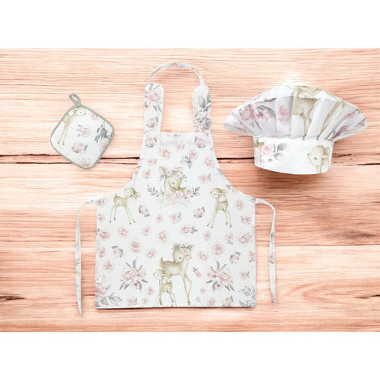 Set Micutul bucatar, MimiNu, Cu sort, o boneta si accesoriu pentru vase calde, Din bumbac certificat Oeko Tex Standard 100, Sweet Deer Pink