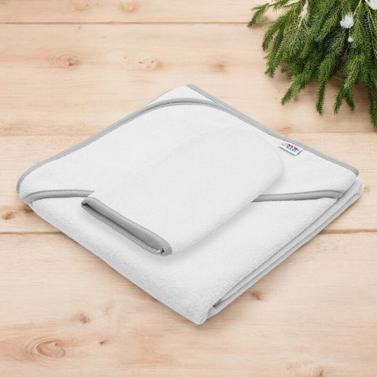 Set prosop cu gluga si manusa baie, New Baby, Dimensiune 80 x 80 cm, Basic, White-gray