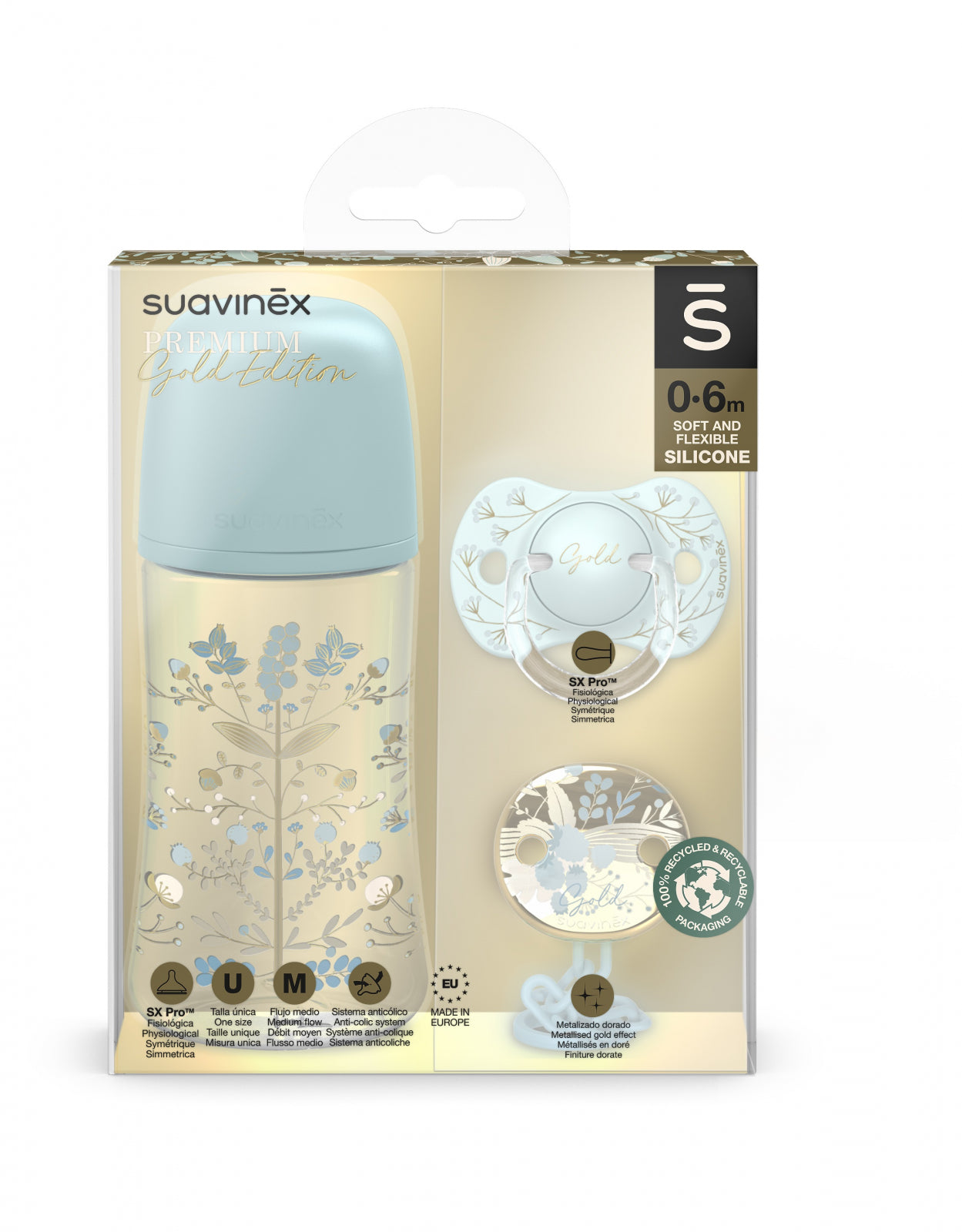 Set Suavinex biberon 270 ml + suzeta + lantisor suzeta Gold Premium