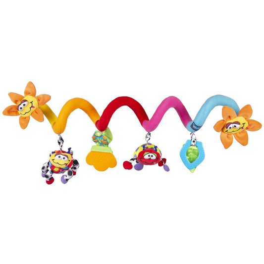 Spirala cu jucarii, Playgro, Multifunctionale pentru carucior, scoica auto si patut, Cu jucarie de dentitie, Amazing Garden Twirly Whirly, 33 cm