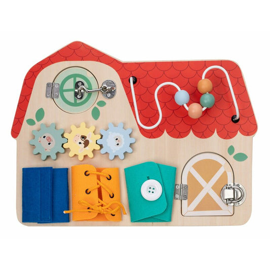 Tablita cu activitati, Free2Play, Din lemn, Cu elemente interactive, Dezvolta coordonarea mana-ochi, 40x30x6,5 cm, 18 luni+, Multicolor