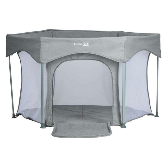 Tarc de joaca, FreeON, Hexagon, Pliabil, Intrare cu fermoar, Cu geanta de transport, 117 x 74 cm, Grey
