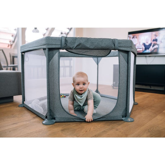 Tarc de joaca, FreeON, Hexagonal, Pentru bebe, Cu 4 manere, Intrare cu fermoar, Cu geanta de transport, 117 x 67 x 67 cm, Conform cu standardul european de securitate EN 12227:2010, Grey