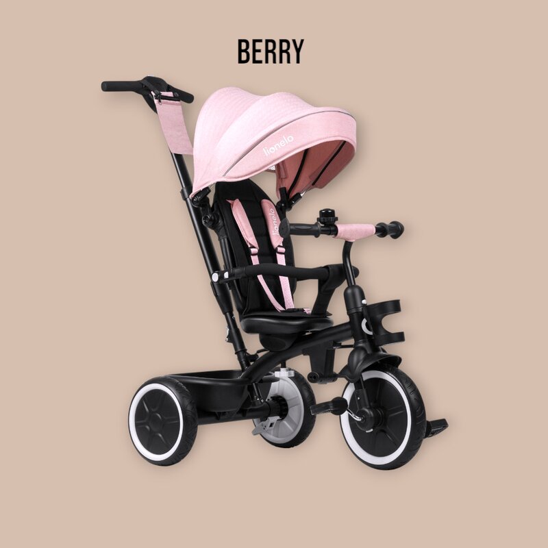 Tricicleta copii, Lionelo, Berry, 2 in 1, Multifunctionala, Suport picioare, Control al directiei, Scaun reversibil, Rotire 360 grade, Functie de roata libera, Utilizare pana la 5 ani, Constructie din otel, Conform cu standardul EN71, Roz