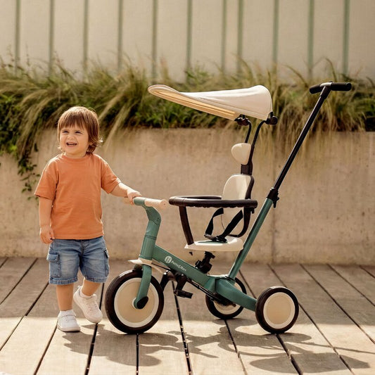 Tricicleta, Petite&Mars, Turbo Plus, 5 in 1, Multifunctionala, Vehicul de impins, Bicicleta cu/fara pedale, Cu maner de ghidaj, Detasabil, Roti din cauciuc, Capotina pentru soare, Pana la 25 kg, 1.5-5 ani, Verde