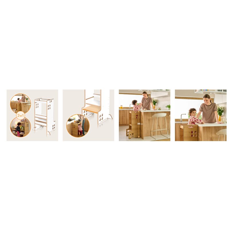 Turn de invatare Montessori, Lionelo, Cass, Functie de raft pentru carti, Pana la 30 kg, 12 luni - 6 ani, Din MDF si furnir, 3 trepte de inaltime, Alb