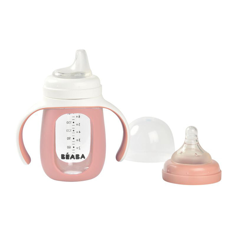 Biberon de invatare 2 in 1 din Sticla Beaba 210 ml Old Pink
