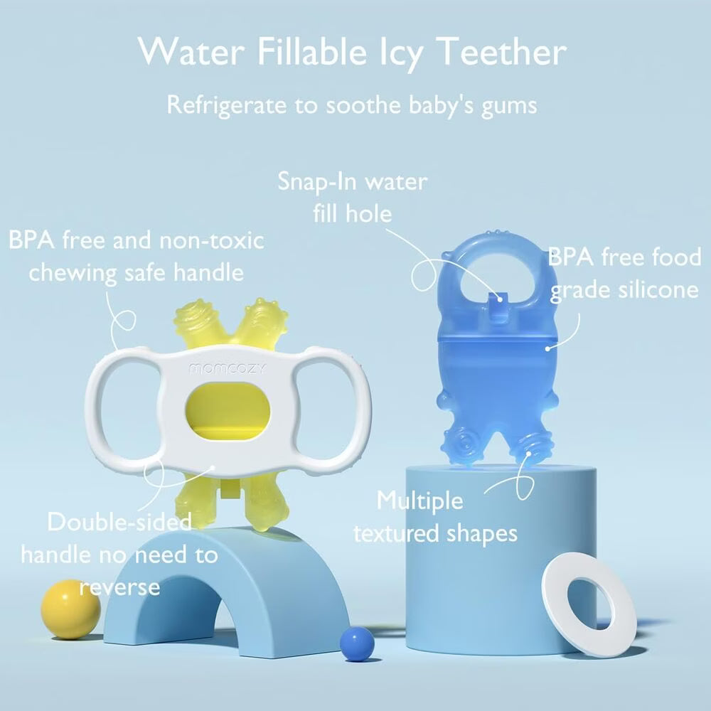 Momcozy Baby Teething Ring – Inel de dentiție răcoritor pentru bebeluși - Galben si Albastru