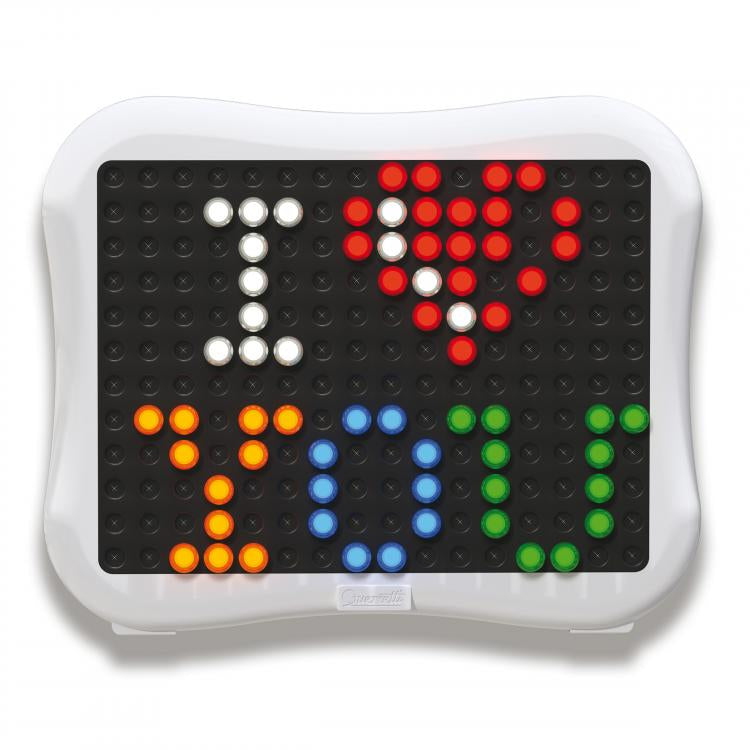 Joc mozaic luminos Quercetti Peg Brite, 120 piese – mesaj cu inimă și litere din pini colorati